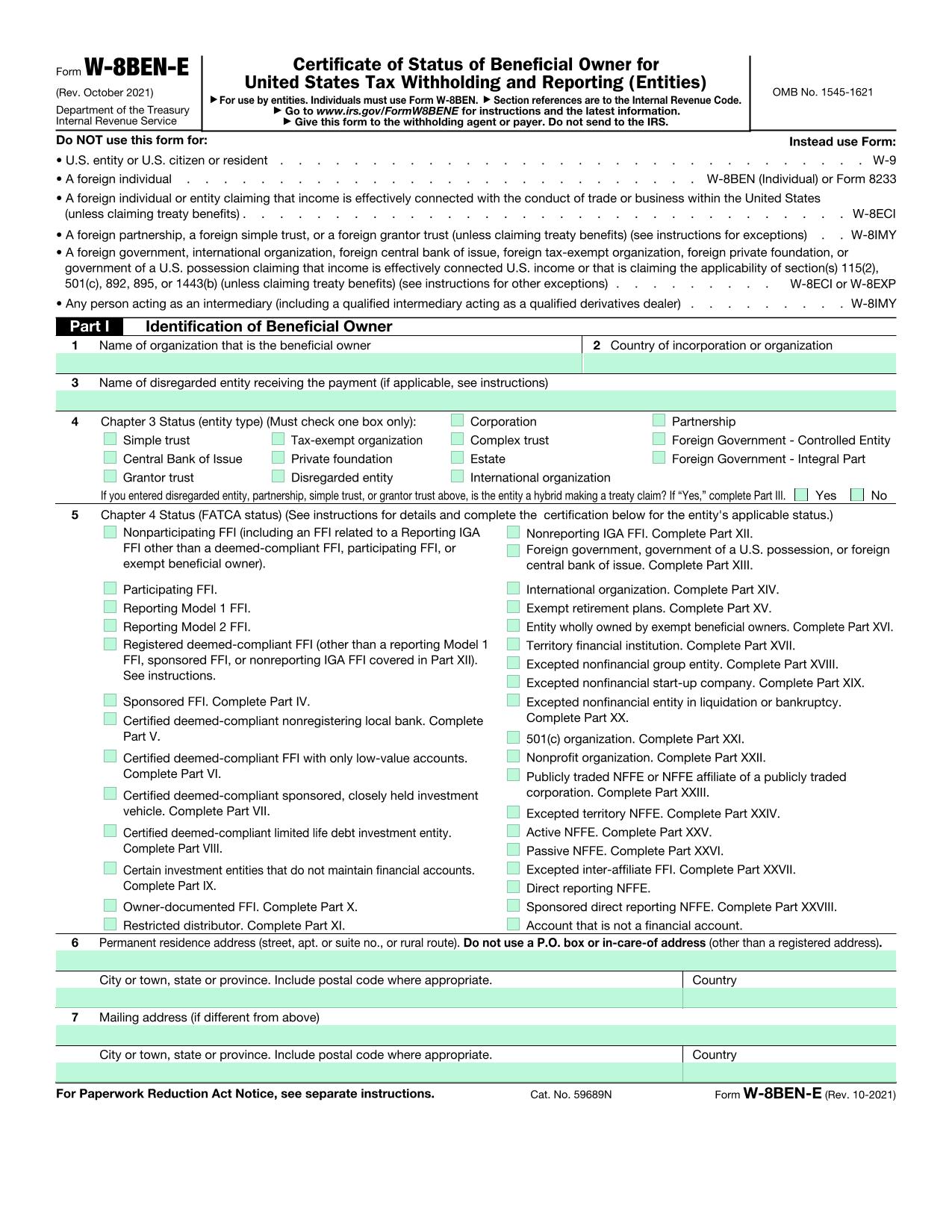 Certificate Of Status Of Beneficial Owner For U.S. Tax Withholding (W 8BEN E) screenshot