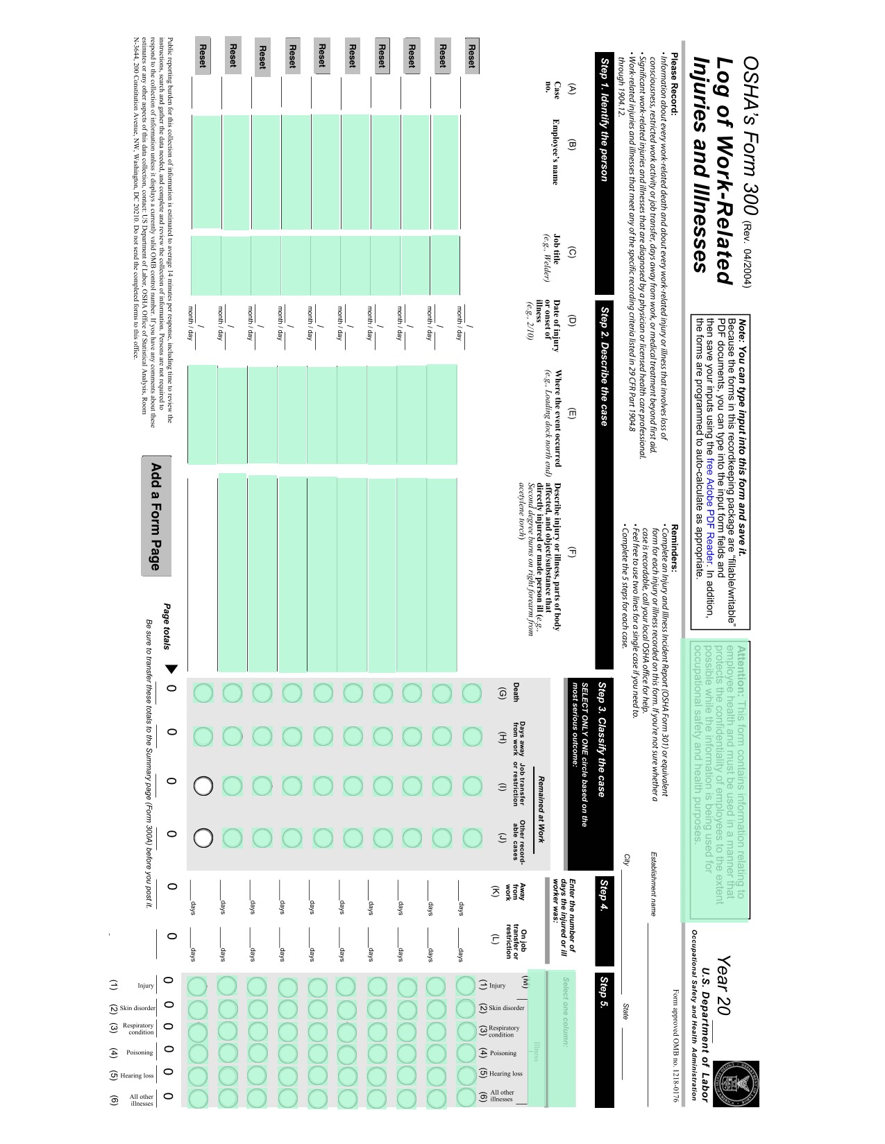 OSHA Log Of Work Related Injuries Illnesses (Form 300) screenshot